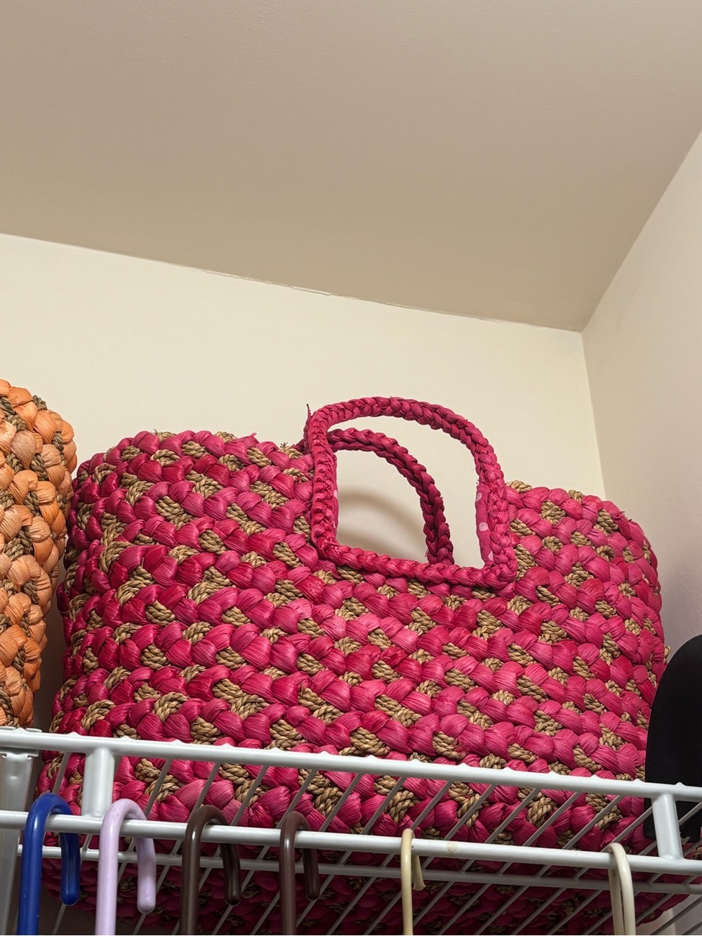 Handwoven Pink and Natural Tote Basket